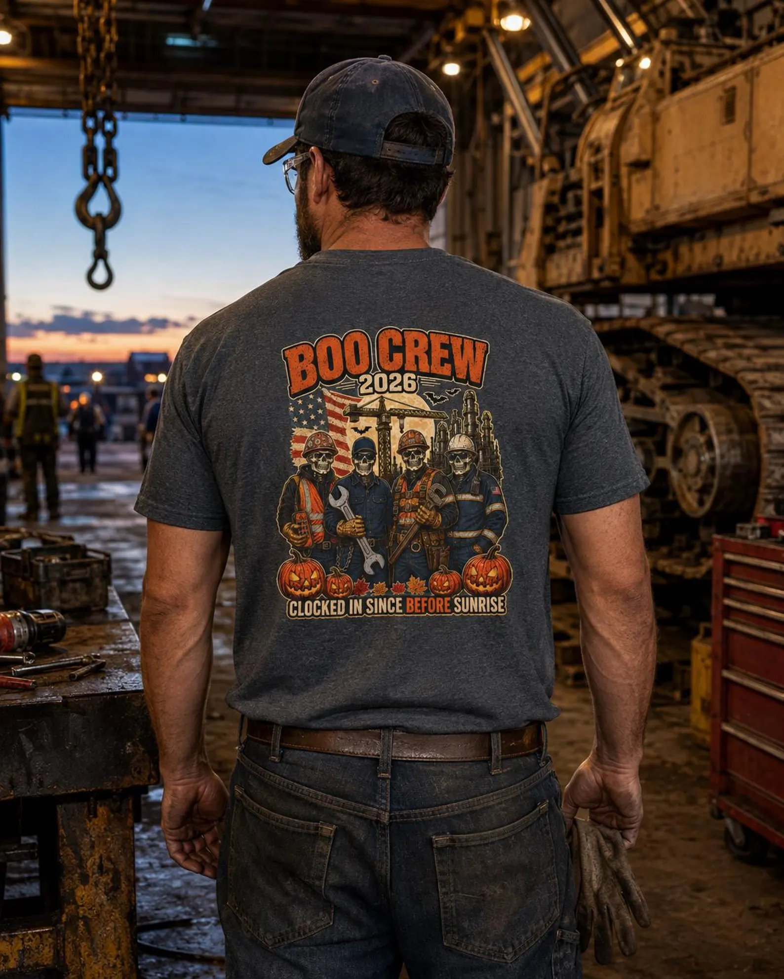 Charcoal BOO CREW 2026 shirt shown from the back