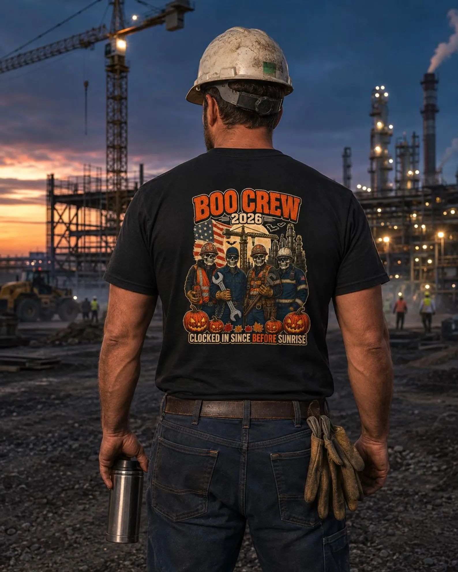 BOO CREW 2026 shirt at a construction site